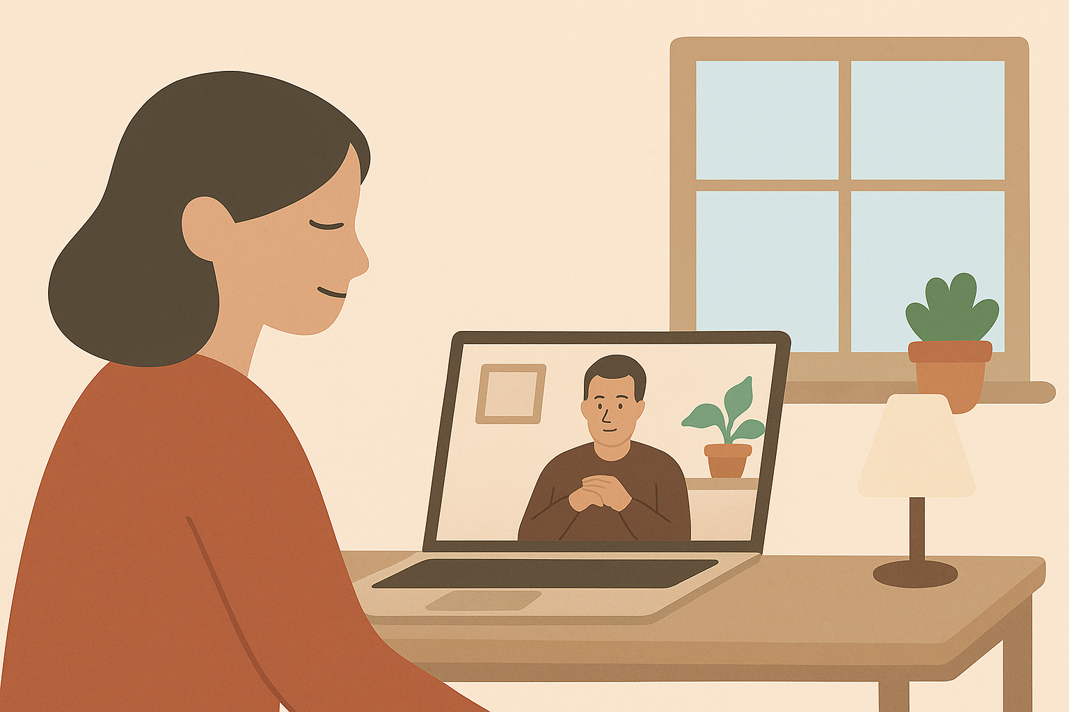Illustration depicting online therapy and mental health support services, showing how to connect with professionals from the comfort and safety of home